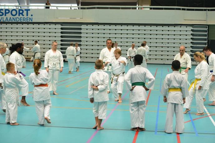 Karate students practising partner techniques